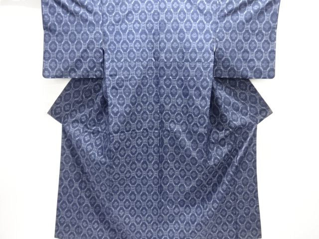 JAPANESE KIMONO / ANTIQUE KIMONO / SILK / TSUMUGI / WOVEN GEOMETRIC PATTERN & ABSTRACT FLOWERS